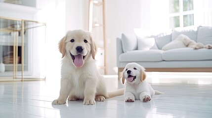 White labrador retriever or Golden retriever puppy sitting on the floor at home living room...