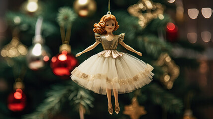 Christmas tree ornament shaped like a ballerina hanging on the Christmas tree. - obrazy, fototapety, plakaty