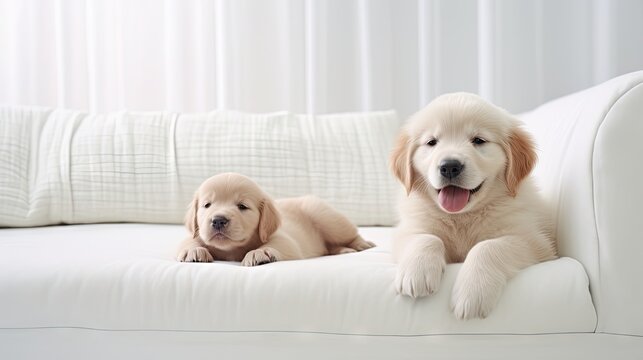 White labrador retriever or Golden retriever puppy sitting on the floor at home living room background.