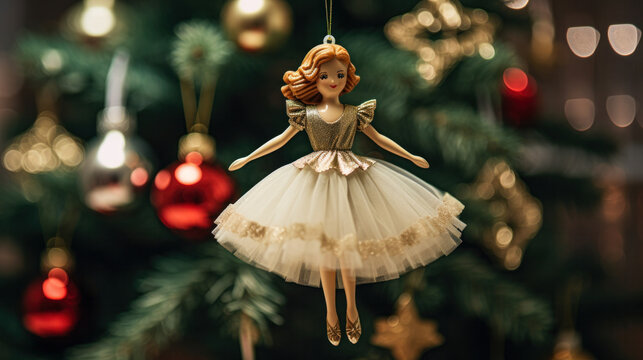 Fototapeta Christmas tree ornament shaped like a ballerina hanging on the Christmas tree.