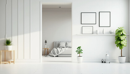 Fototapeta na wymiar Spacious cozy living room, sun light interior indoor background. Light white shades.