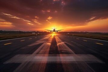 airplane at the airport at sunset. Generative AI - obrazy, fototapety, plakaty