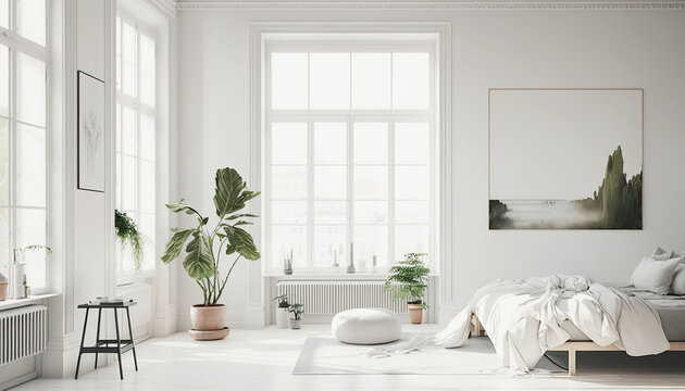 Spacious cozy living room, sun light interior indoor background. Light white shades.