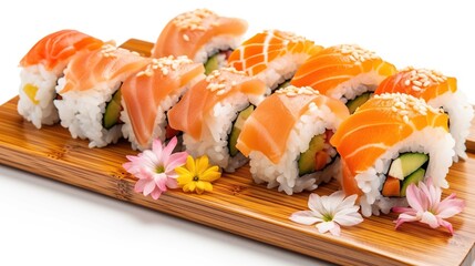Sushi roll with salmon and eel on white background.