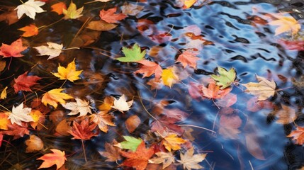 Colorful Fall Leaves in pond lake water