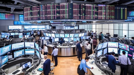 Illustration of trading floor, stock market exchange indoor backgrounds with round workplaces and displays showing financial data. Businesspeople. - obrazy, fototapety, plakaty
