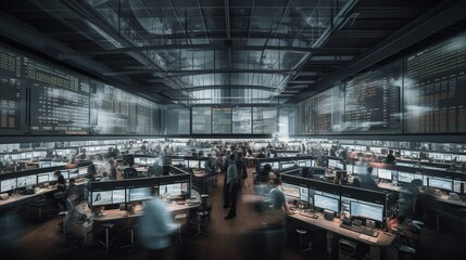 Trading floor with terminals, people in motion blur. Financial background.
