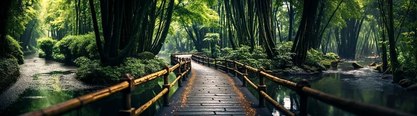 Gordijnen Bridge walkway over a creek or pond in a tropical forest after a rain © Denniro