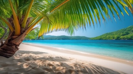 Beautiful and peaceful sea sandy coast, sunny summer beach panoramic scene with palm trees, outdoor...