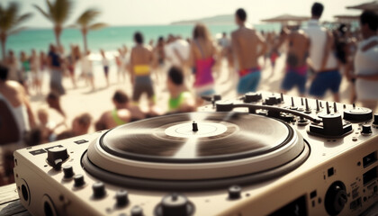 Dj turn table console on the foreground and blurred people crowd on the backdrop, summer beach...
