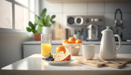 Breakfast time in spacious modern kitchen with healthy food. Cozy indoor interior background.