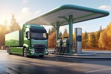 Various vehicles at hydrogen gas stations, refueling at fuel dispensers. Hydrogen combustion truck, automotive engine for emission-free, eco-friendly transport. 3D rendering. Generative AI - obrazy, fototapety, plakaty