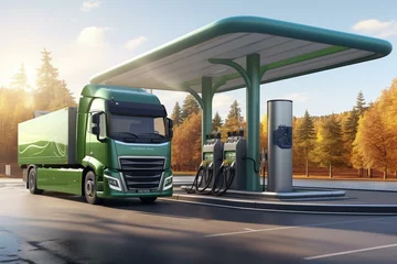 Fotobehang Various vehicles at hydrogen gas stations, refueling at fuel dispensers. Hydrogen combustion truck, automotive engine for emission-free, eco-friendly transport. 3D rendering. Generative AI © Leila