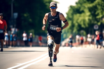  man with prosthetic leg participates in a marathon