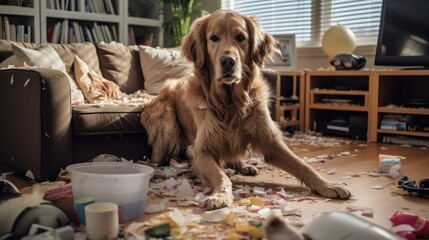 Dog making a huge mess in a living-room - obrazy, fototapety, plakaty