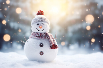 Fototapeta premium Snow man in the winter season with blurred background. Christmas holiday celebration.