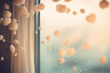 Dreamy warm serene background or wallpaper with small cotton clouds hanging in a window sill