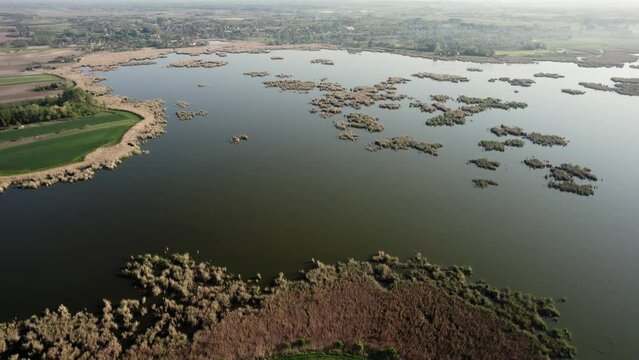 Aerial footage of a Ludas lake nature reserve, habitat for many bird species