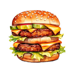 Double Cheeseburger Watercolor Illustration, Isolated, Fast Food Icon