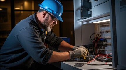 Electrician engineer uses a multimeter to test the electrical installation - obrazy, fototapety, plakaty