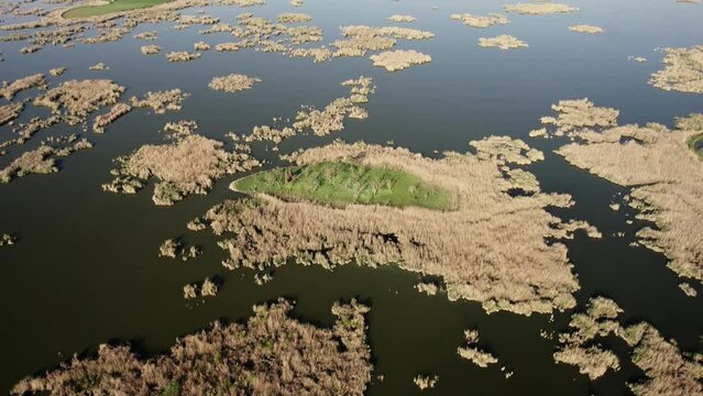 Aerial footage of a Ludas lake nature reserve, habitat for many bird species