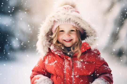 Cute little girl in red coat playing outdoor in cold winter day.