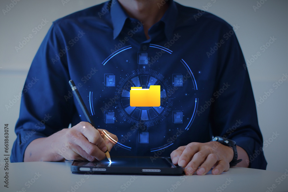 Leinwandbilder document management and loading digital documents. businessmen use smart tablets for storing digital