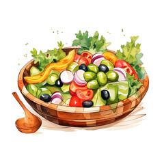 Greek Salad Watercolor Illustration - Fresh Mediterranean Cuisine Art