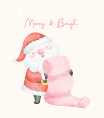 Cute happy Santa Claus with good kid name list artoon character Watercolor Art idea for greeting card.
