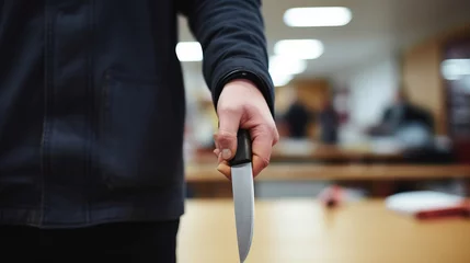 Foto op Plexiglas Terrorist and holding a knife in a school classroom with the intention to do a mass stab murder attack © Keitma