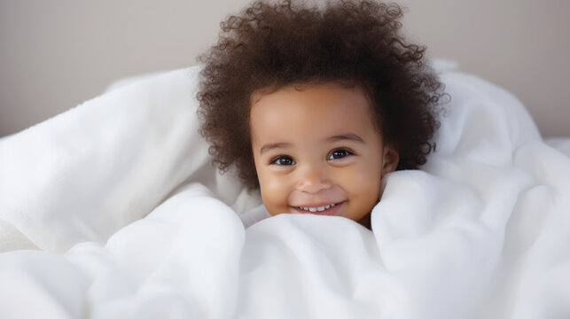Portrait of a cute little black african boy kid with afro hair wrapped in soft white blanket on a bed smiling with happy face