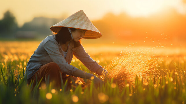 Asian woman working in a rice field