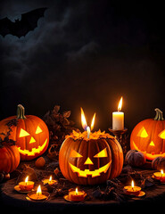 Terrifying pumpkins with candles for Halloween Fall pumpkins with Halloween candles , generated AI.