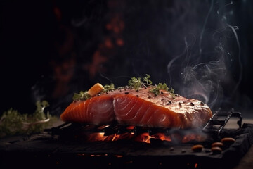 Appetizing grilled salmon steaks. Dark background, steam. Generative AI.