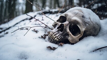 A skull buried in the snow. Great for stories on crime, history, archaeology, rituals, shamanism, mysteries and more.