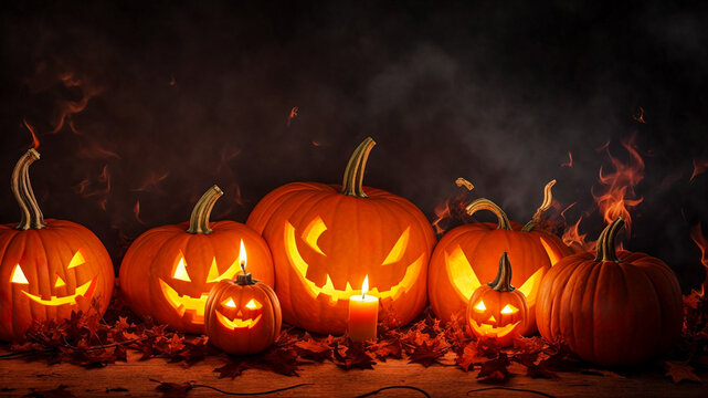 You'd be at Halloween with horrifying faces on a dark background. Fall pumpkins with Halloween candles , generated AI.