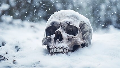 A skull buried in the snow. Great for stories on crime, history, archaeology, rituals, shamanism, mysteries and more.