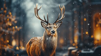 Noble deer male in winter snow forest. Artistic winter Christmas landscape. 