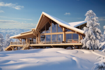 House in the woods while it is snowing. is snow-covered.