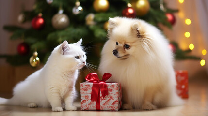 Fototapeta na wymiar Cute dog and cat together near christmas tree and gifts