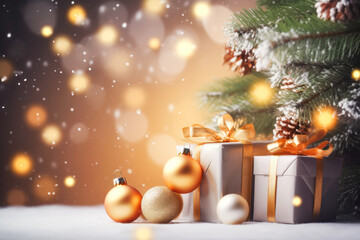 Merry Christmas and Happy New Year greeting card with Christmas gift boxes.