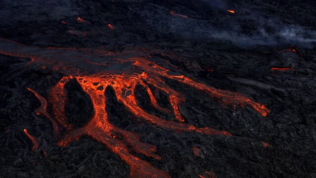 Lava flowing, volcanic eruption of the Litli Hrutur volcano in Iceland 2023