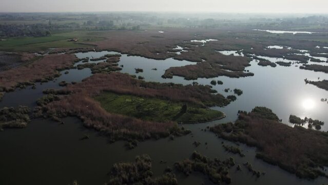 Aerial footage of a Ludas lake nature reserve, habitat for many bird species