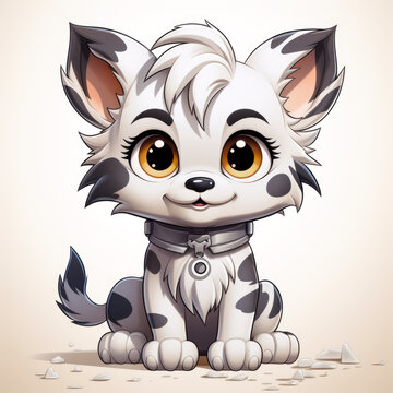 A cartoon dog sitting on the ground with a collar around its neck. AI image. Digital clipart.
