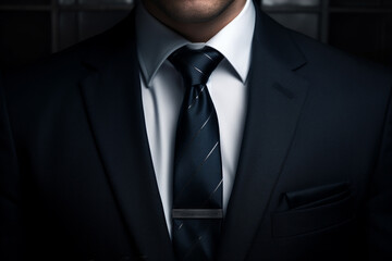 A close-up view of a businessman's elegant necktie, flawlessly styled and accentuating his formal business suit, captured under the precise studio lighting for a perfect shot. Generative AI.