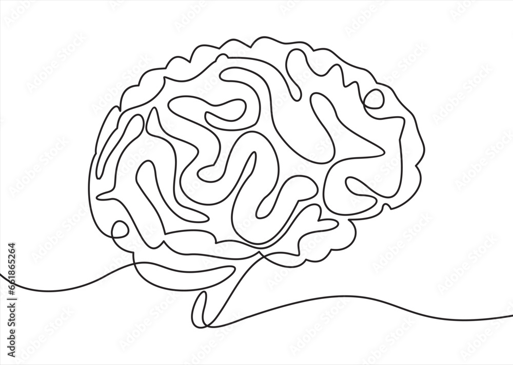 Poster one single line drawing of smart human brain from side view logo identity. genius idea for brain med