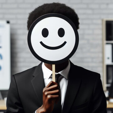 Black businessman holding smiley face sign in front of his head.
