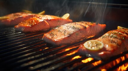 Fresh salmon fillets being cooked on a grill - obrazy, fototapety, plakaty