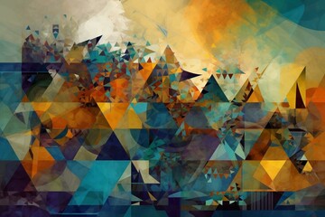 Abstract digital artwork with combined patterns, shapes, waves, and triangles. Generative AI