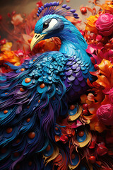 Obraz premium A close up of a colorful bird on a bed of flowers. AI image.
